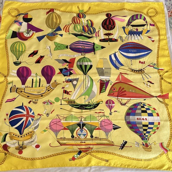 HERMES Vintage Les Folies du Ciel Yellow 90 cm Silk Square Scarf Box Good RARE - Picture 2 of 16